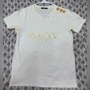 Balmain Women's White T-Shirt with Gold Buttons - USED - 34